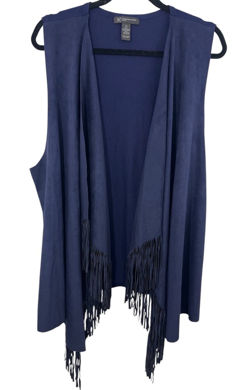 INC Fringe Vest Womens 3X Dark Blue Western Boho Hippie Bohemian Lagenlook